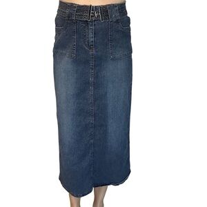 Vintage Midi Jean Skirt Denim Blue Cotton Belted Y2K Fall Casual Size 9/10 Small